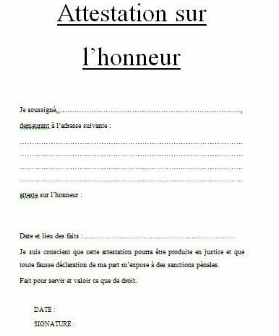 lettre attestation sur l'honneur